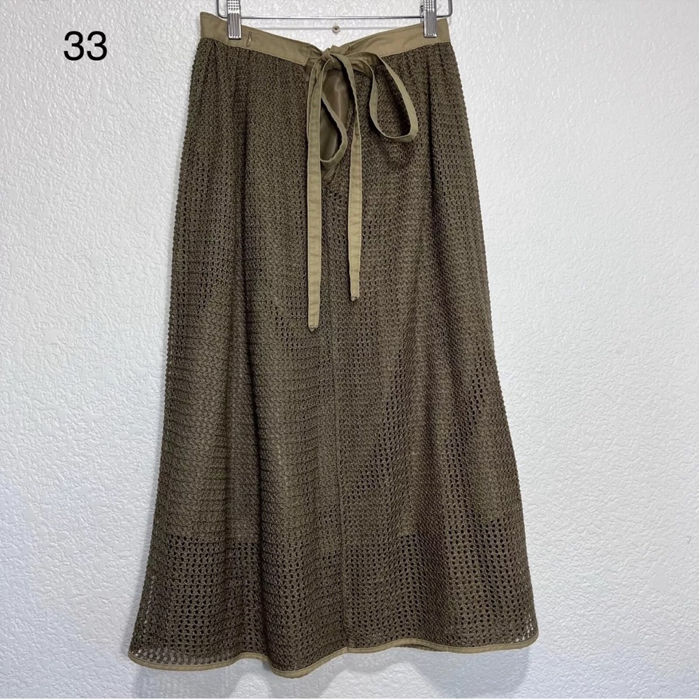 Olive Green Crochet Skirt Midi Knit Tie Waist Boho Chic